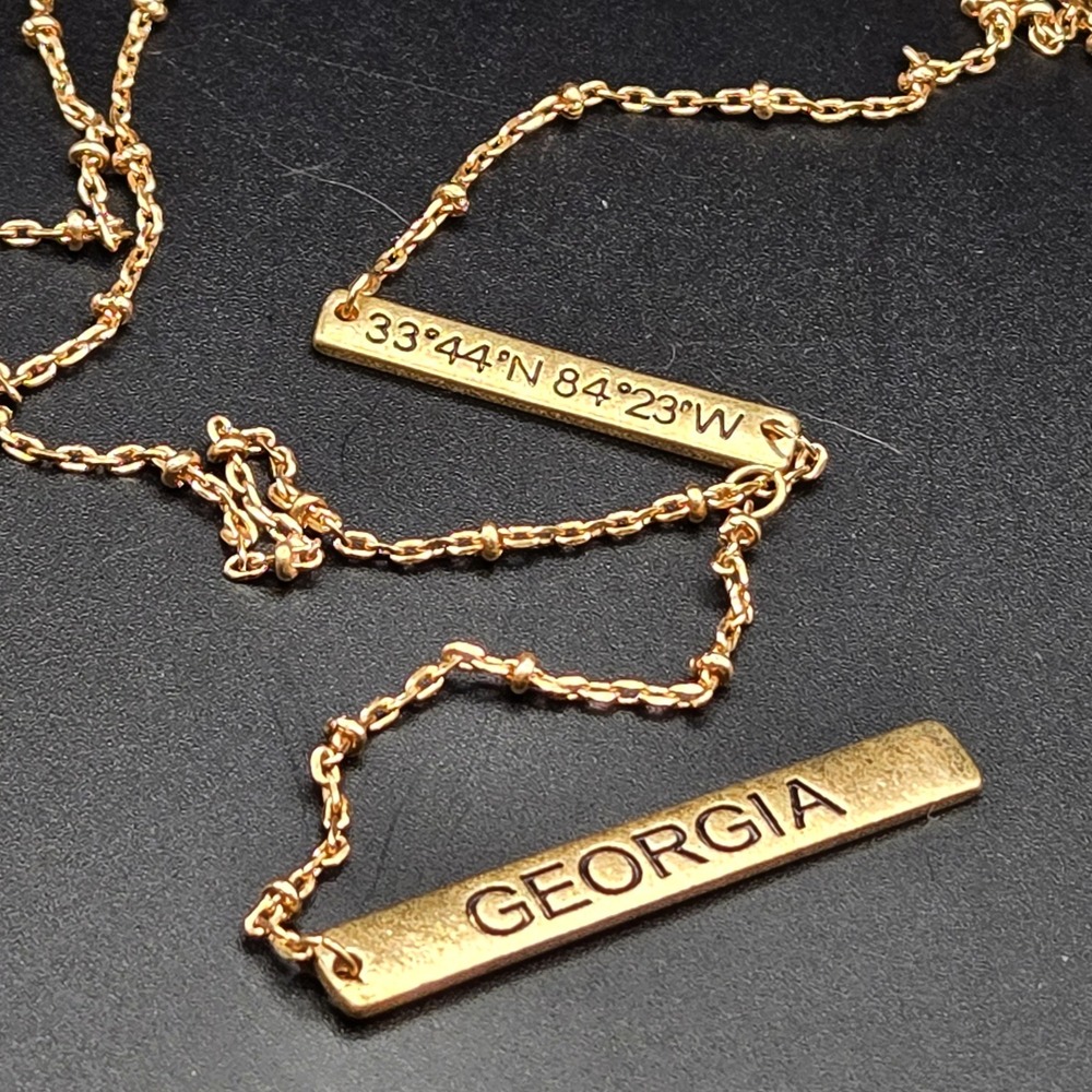 Gold Tone Bar‎ Necklace Atlanta Georgia Coordinates Y-Drop Lariat Style